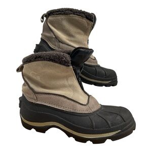 Women's Sorel Powder Edge Suede Black Tan Front Zip Insulated Snow Boots Size 7